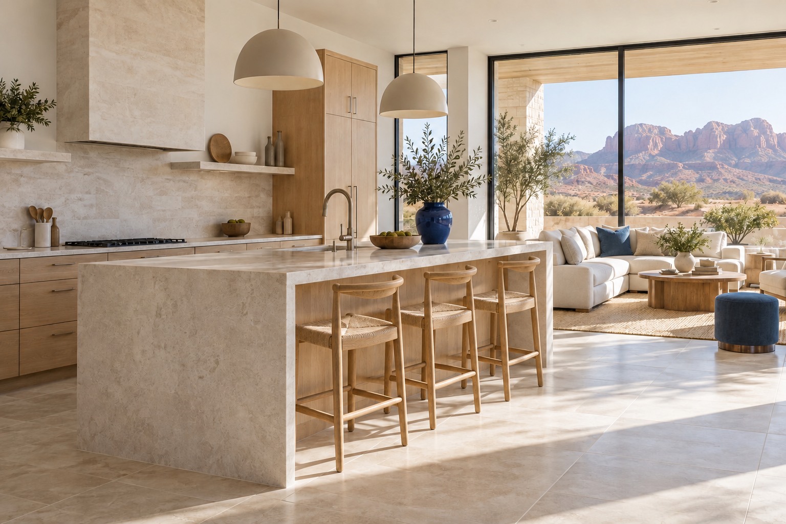 Illustrative sunlit kitchen and living space with a Southern Utah desert view